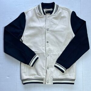 ASOS DESIGN Baseball Jacket Cream Navy Striped Varsity Letterman Men's Large